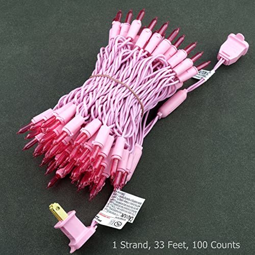 YULETIME 100 Pink LED Christmas Lights, 33 ft Pink Wire UL String Light | Stay Lit, End-to-End Connectable, UL Certified, Commercial Grade, 1-Strand 100 Lights, 4" Spacing