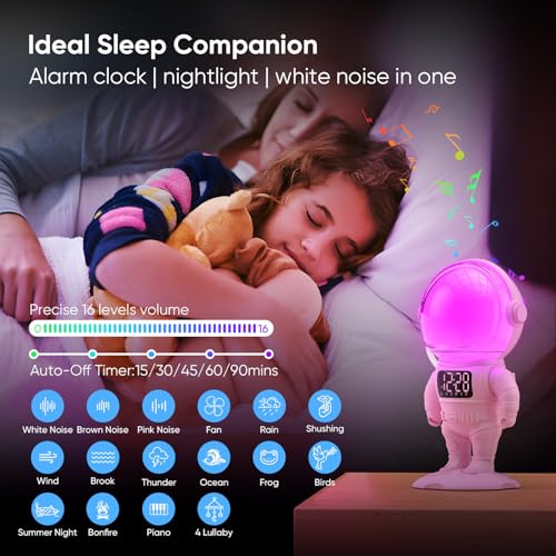 AFEXOA Astronaut Sunrise Alarm Clock for Kids, White Noise Sound Machine with 30 Soothing Sounds, 22 Dimmable Nightlights, Bluetooth Speaker, Dual Alarms, Wake Up Light for Bedroom(Pink)