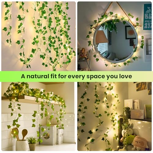 Ivy Vine String Lights, 23FT 73 LED Pre-Wrapped Faux Ivy Garland with Fairy Lights, USB & Battery Powered Leaf Lights for Bedroom Wall, Dorm Room, Classroom Decor, Warm White