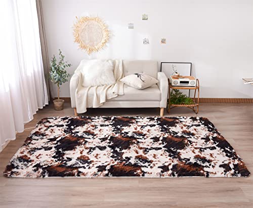 Aimuan Cow Print Area Rug Cute Fluffy Faux Cowhide Rug Super Soft Shaggy Carpets Tie-Dye Rugs for Living Room Bedroom Girls Kids Room Nursery Home Decor Non-Slip Mat (Coffee-Black, 5x7)
