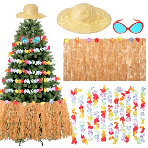 Summer Hawaiian Tree Ornaments Decorations Christmas in July Straw Hat Tree Topper Tropical Garland Sunglasses for Luau Hawaiian Beach Party Supplies