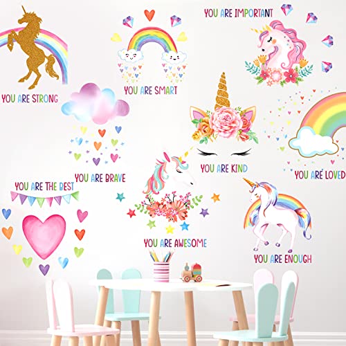 Epakh 9 Pieces Unicorn Wall Decals Stickers Unicorn Room Decor for Girls Bedroom Rainbow Posters Stickers Removable Inspirational Wall Decals for Little Girls Kids Birthday Party Baby Nursery