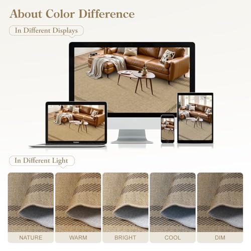 LIVEBOX Scalloped Easy Jute 2x5 Runner Kitchen Rug, Washable Non Slip Tan Rugs for Entryway Hallway, Indoor Outdoor Rug Geometric Farmhouse Carpet Door Mat Runners for Porch Bedroom Laundry Room