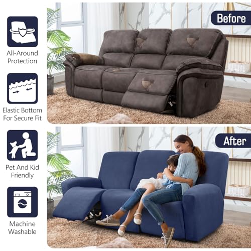 TAOCOCO Recliner Loveseat Cover with Middle Console & Recliner Sofa Covers for 3 Seat, Navy Blue
