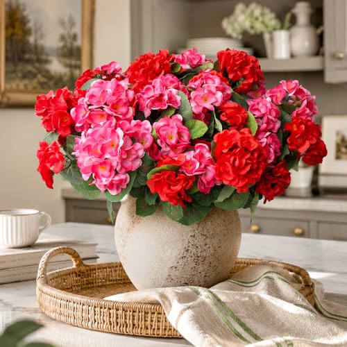 8 Bundles Artificial Geranium Fake Flowers for Outdoor UV Resistant, Outside Spring Red Pink Flower Decoration for Home Kitchen Table Cemetery Garden Planter, Front Door Silk Faux Plants