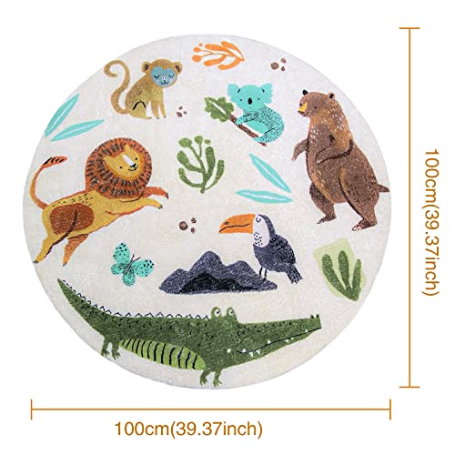 Round Rug 3.3ft, Cute Animals Large Non Slip Super Soft Plush Area Rug for Kids Room Playroom Nursery Bedroom, Educational Washable Circular Floor Mat for Home Room Decorative (Zoo)