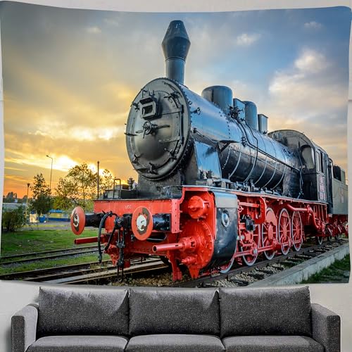 DYNH Steam Train Tapestry, Old Engine Train on Railroad Track Tapestries,Natural Scenery Sunset Sunrise Wall Hanging Home for Bedroom Living Room Dorm,60X40 Inches
