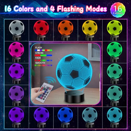Soccer Gifts for Boys 8-12, 3D Illusion Soccer Lamp Gifts for Kids Teens Boys Girls, 5 6 7 8 9 10 11 12 Year Old Boy Birthday Gifts for Kids Children, Boys Room Decor