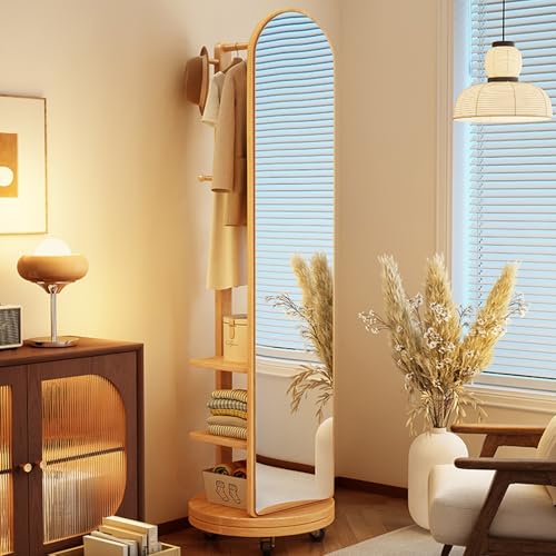 Solid Wood 360° Rotating Full Length Mirror,2-in-1 Floor Mirrors with Coat Rack and Swivel Wheels,2 Tiers of Shelves,with Hooks & Rods,Space Saving for Bedroom(Wood,50cm/19.7in)