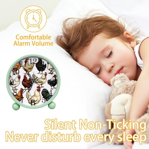 4.3" Analog Alarm Clock Silent Non Ticking, Small Clock with Night Light Battery Operated, Gentle Wake, Easy Set and Read (Chicken Rooster Hen Breeds Farm Animals Collection)