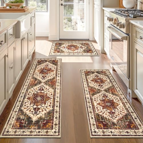 Washable Kitchen Runner Rugs Set of 3 with Non Slip Rubber Backing