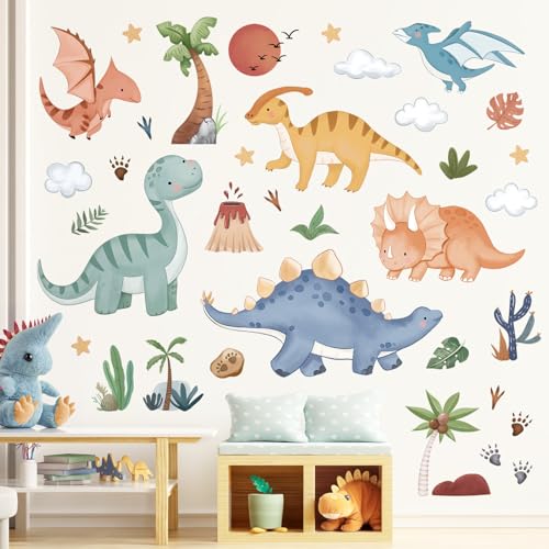 decalmile Boho Baby Dinosaurs Wall Decals Dino Palm Tree Volcano Wall Stickers Boys Bedroom Toddler Room Baby Nursery Wall Decor