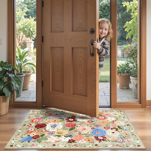 Green Garden Floral Hallway Runner Rug 2x5 for Bedroom Kitchen