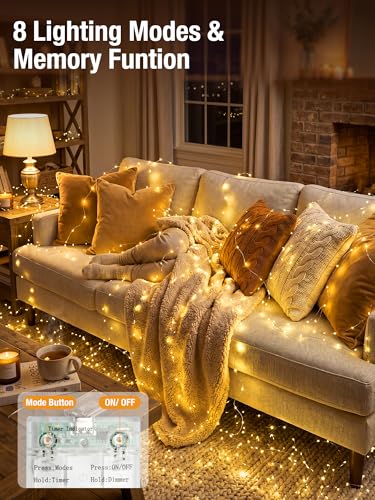 btfarm 4 Pack Fairy Lights Battery Operated with Timer, 16FT 50LED Twinkle String Lights USB Powered, 8 Mode Dimmable Cuttable Wire Light Waterproof for Indoor Bedroom Wedding Christmas, Warm White