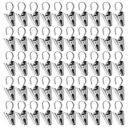 Teenitor 50 PCS Stainless Steel Curtain Hooks Curtain Clips with Hook, Curtain Rod Hooks, S Hooks for Hanging Curtain, Photos, Home Decoration Outdoor Christmas Party Wire Holder