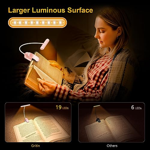 Gritin Rechargeable Book Light for Reading in Bed with 19 LED &Memory Function-Eye Caring 3 Color Temperatures,5 Brightness Levels,90 Hrs Runtime Flexible Goose Neck Clip on Light-Pink