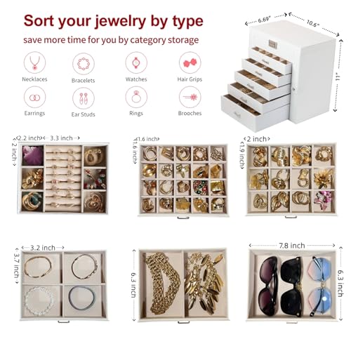 BOOVO Large Jewelry Box for Women, 6 Layer Jewelry Organizer with 5 Drawer and Side Doors & Necklace Hooks, Leather Jewelry Storage Boxes for Earrings, Rings, Bracelets