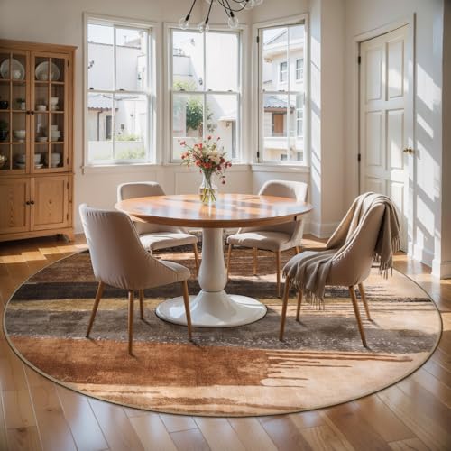 6ft Round Rugs for Living Room, Modern Abstract Washable Rug Brown