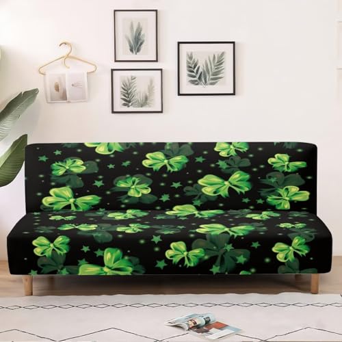 St Patrick's Day Green Leaf Armless Sofa Couch Bed Slipcovers with Elastic Bands Furniture Protector Stretchy Futon Covers Fit for Kids and Pets