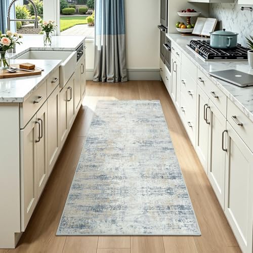 2x6 Runner Rug Non-Slip Washable, Blue Runners for Hallway Kitchen Entryway Indoor, Soft Neutral Abstract Modern Farmhouse Carpet for Bedroom Laundry Room Decor