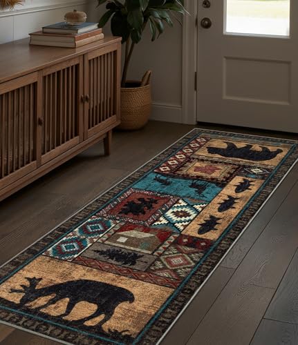 Hallway Runner Rug 2x6 Indoor Door Mat - Bear Rustic Cabin Non-Slip Entryway Rug, Low Pile Tribal Print for Kitchen, Bedroom