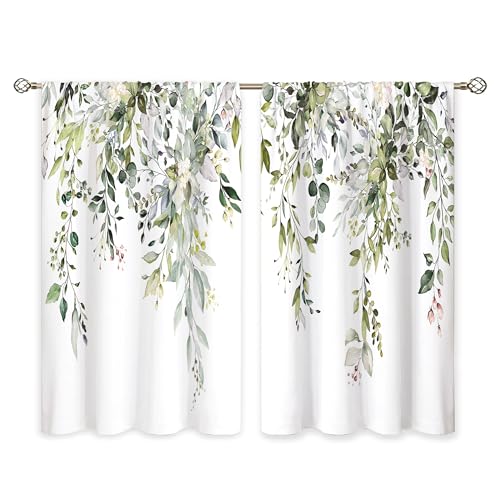 Eucalyptus Botanical Leaves Floral Kitchen Window Curtains Over Sink Boho Farmhouse Flower Leaf Small Window Treatment Sage Green Cafe Short Curtains for Bathroom Tier Drapes 27.5x39 inch