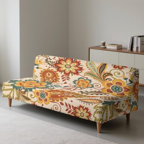 Elastic Fabric Sofa Couch Slipcovers Without Armrest, Furniture Protector for Kids and Pets Futon Slipcover Non Slip Protector Hippie Boho Flowers