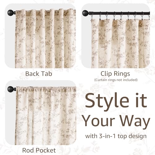 jinchan Linen Floral Curtains 84 Inch Farmhouse Country Flower Drapes Rustic Window Curtains Light Filtering for Living Room Bedroom Laundry Back Tab 2 Panels Taupe on Beige