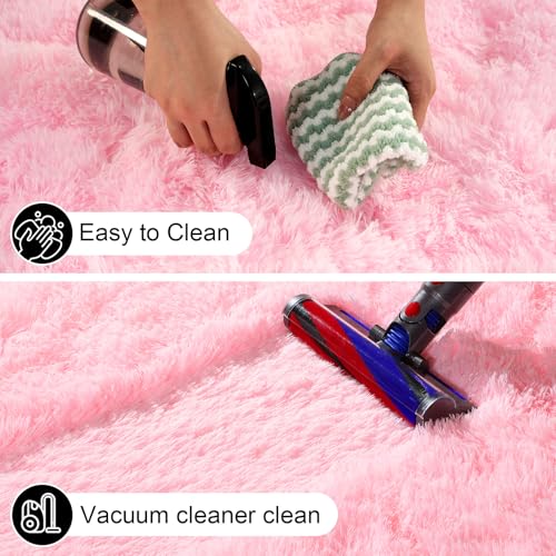 Pink Rug for Bedroom, 2x3 Fluffy Area Rugs for Living Room, Small Fuzzy Shag Soft Carpet with 4 Non-Slip Adhesive Strips for Kids Boys and Girls Nursery Dorm Room Home Decor (2ft X 3ft)