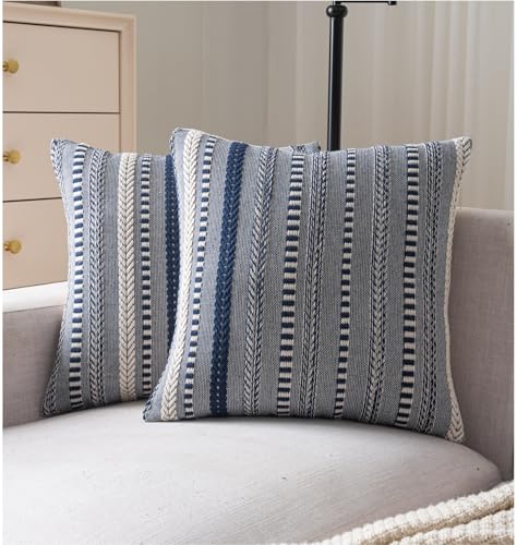 Cethom Boho Throw Pillow Covers 18x18 Inch Set of 2, Farmhouse Decorative Couch Pillow Cases, Navy Blue Accent Pillows of Bed, Sofa Bedroom Living Room Home Decor Cushion Cover