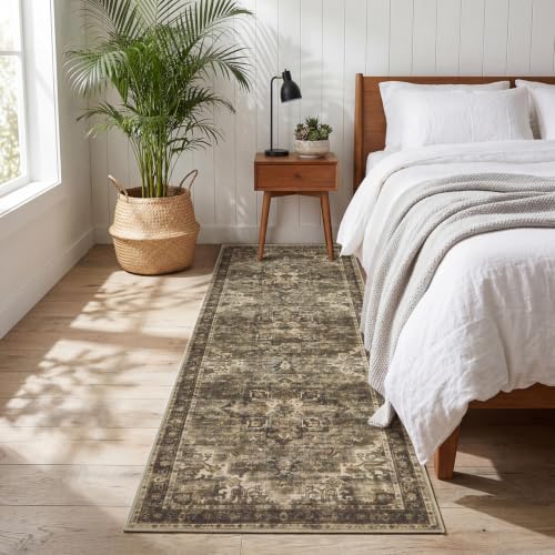 GarveeHome Washable Rug Runner 2x6 Vintage Runners for Hallways Olive Green