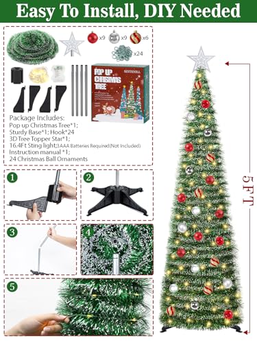5 FT Pop Up Christmas Tree with Timer Lights and Decorations, Green Tinsel Artificial Christmas Tree with 24 Balls Ornaments, Collapsible Pencil Tree for Xmas Home Office Party Decor