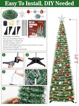 5 FT Pop Up Christmas Tree with Timer Lights and Decorations, Green Tinsel Artificial Christmas Tree with 24 Balls Ornaments, Collapsible Pencil Tree for Xmas Home Office Party Decor