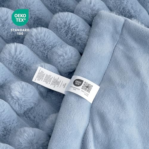 Cozy Bliss Faux Fur Throw Blanket for Couch, Cozy Warm Plush Striped Blanket for Sofa Bedroom Living Room, 50 * 60 Inches Light Blue