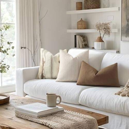 YCOLL Farmhouse Pillow Covers 22x22, Modern Accent Square Throw Pillow Covers Set of 2, Khaki and Beige Striped Patchwork Linen Decorative Pillows Cushion Covers for Couch Chair Bedroom Home Decor