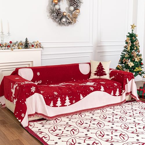 MYSKY HOME Sofa Cover Couch Covers for Sofa, Couch Sofa Covers for 3 Cushion Couch Sofa, Non Slip Soft Couch Sofa Cover, Couch Cover for Dogs Washable Furniture Protector, 71"x134", Christmas Red