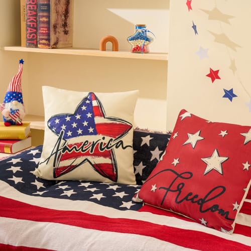 Hongsome Patriotic Decor-Throw Pillow Covers 18x18 in Set of 4,4th of July Linen Pillow Case for Independence Day,Memorial Day,Veteran's Day,USA,American Summer Outdoor Red White Blue Decorations