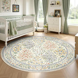 6FT Round Area Rugs, Machine Washable Low Pile Floral Rugs for Living Room, Bedroom, Large Boho Area Rug with Non-Slip Backing for Dining Room(Beige Floral)