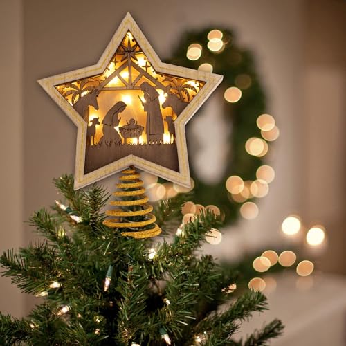 DEMDACO Lit Star Nativity Tree Topper - Glowing Gold Accented Wooden Star for Beautiful Holiday Charm - Christmas Tree Topper - Warm LED Shadow Box - Cutout Nativity Scene