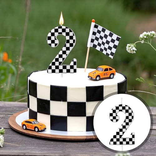 Racing Cars Themed Birthday Candle, Checkered Flag Number Candles Black and White Candles Happy Birthday Cake Topper Party Decorations for Boys Racing Cars Themed Party Supplies (Number 2)