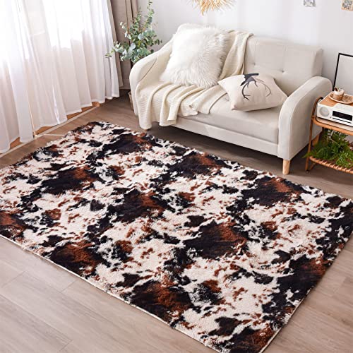 Aimuan Cow Print Area Rug Cute Fluffy Faux Cowhide Rug Super Soft Shaggy Carpets Tie-Dye Rugs for Living Room Bedroom Girls Kids Room Nursery Home Decor Non-Slip Mat (Coffee-Black, 5x7)