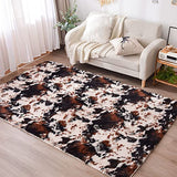 Aimuan Cow Print Area Rug Cute Fluffy Faux Cowhide Rug Super Soft Shaggy Carpets Tie-Dye Rugs for Living Room Bedroom Girls Kids Room Nursery Home Decor Non-Slip Mat (Coffee-Black, 5x7)