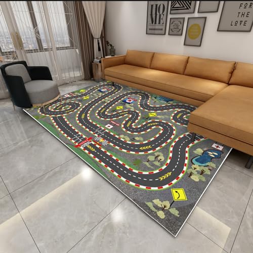 Kids Rug Car Rugs for Kids Toy Cars Play Mat City Life Road Rug for Cars Fun City Map for Carpet for Bedroom Boys (Wilderness Speed, 31 * 47 inches)