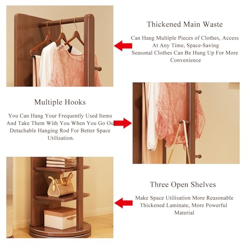 Floor-Standing Solid Wood Rotating Coat Rack，Full Length Mirror with Movable Wood Coat Rack - 2-in-1 Floor Mirror and Coat Rack for Living Room, Bedroom, Cloakroom Mirror