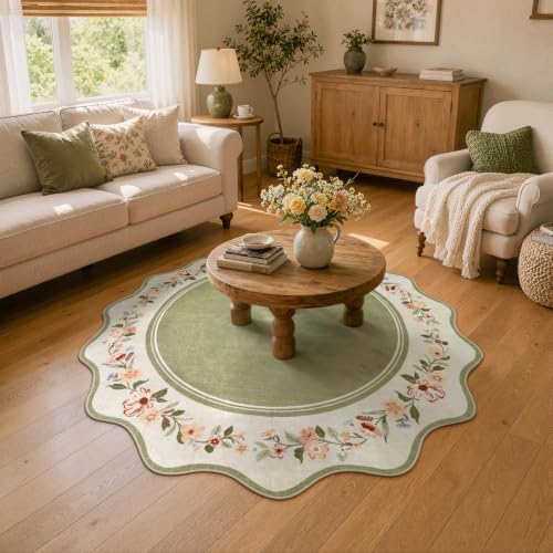 Lahome Round Dining Room Rug 6ft, Green Floral Area Rug