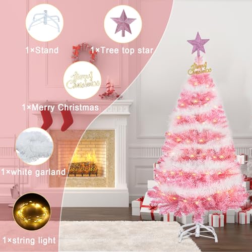 4FT Artificial Christmas Tree, Xmas Pine Tree with Metal Xmas Tree Stand,Pink Christmas Tree for Holiday, Home, Office, Party Decoration
