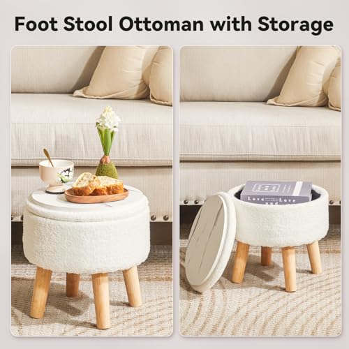 IBUYKE Small Foot Stool Ottoman with Storage, Round, Cream