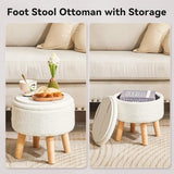 IBUYKE Small Foot Stool Ottoman with Storage, Round, Cream