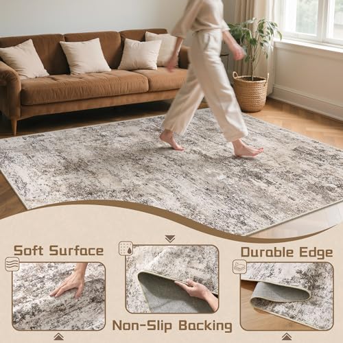 Cochyean 8x10 Area Rugs - Washable Rug for Living Room, Ultra-Thin Abstract Rug, Indoor Non-Slip Rug for Bedroom, Stain Resistant Large Area Rug, Super Soft Low Pile Rugs, Brown