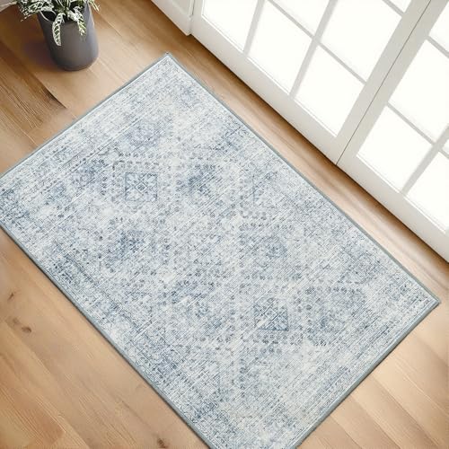 MIULEE 2x3 Washable Entry Rug Door Mat Indoor Entrance, Small Rug for Kitchen Bathroom Bedroom, Non-Slip Stain Resistant Throw Carpet Boho Entryway Decor, Blue